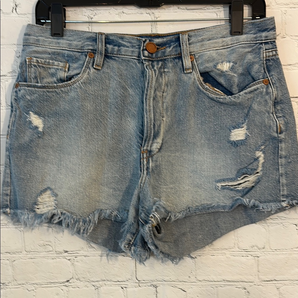 Blank NYC Distressed Denim Button Fly High Rise Denim Shorts